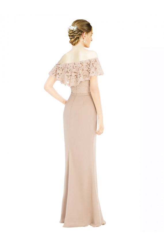 Champagne Trapèze Épaule Dénudée Mousseline Dentelle Longue Robes demoiselle d'honneur / Robes de bal Prix Réduit