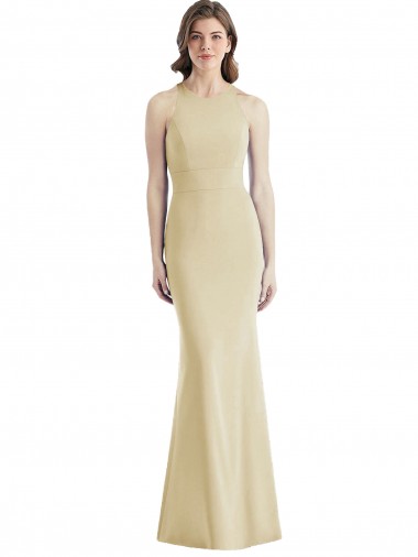 Champagne Trompette Bateau Crêpe Stretch Longue Robes demoiselle d'honneur / Robes de bal Prix Réduit