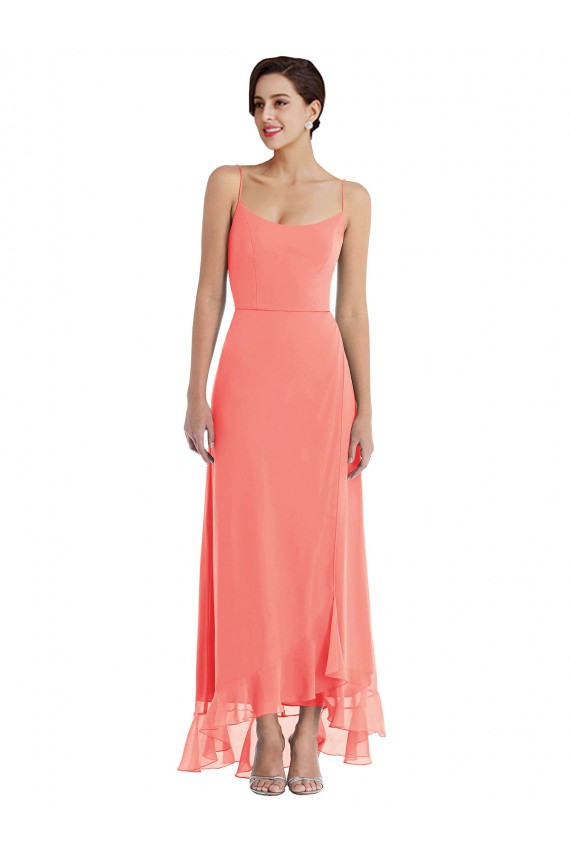 Corail Trapèze Bretelles spaghetti Scoop Mousseline Longue Asymétrique Robes demoiselle d'honneur Prix Réduit