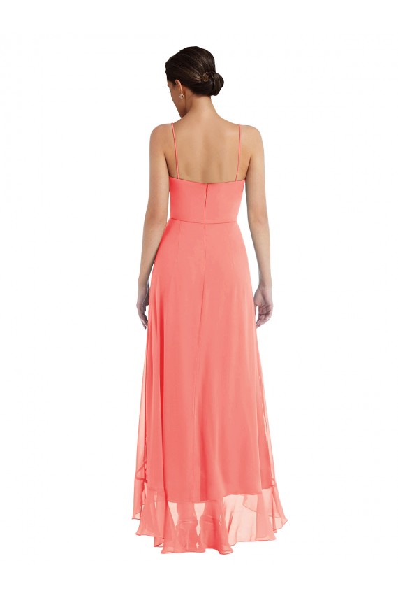 Corail Trapèze Bretelles spaghetti Scoop Mousseline Longue Asymétrique Robes demoiselle d'honneur Prix Réduit