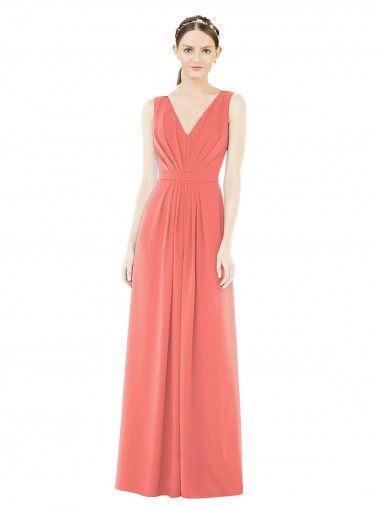 Corail Trapèze Col V Mousseline Longue Robes demoiselle d'honneur Prix Réduit