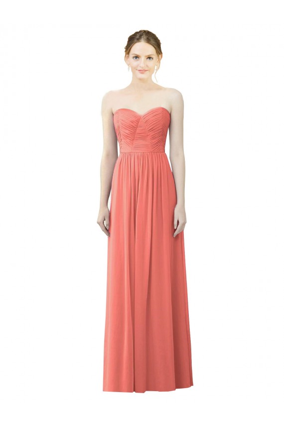 Corail Trapèze Sans bretelle Mousseline Longue Robes demoiselle d'honneur Prix Réduit