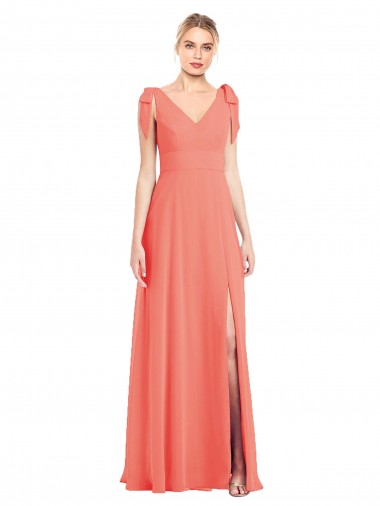 Corail Trompette Col V Mousseline Longue Robes demoiselle d'honneur Prix Réduit