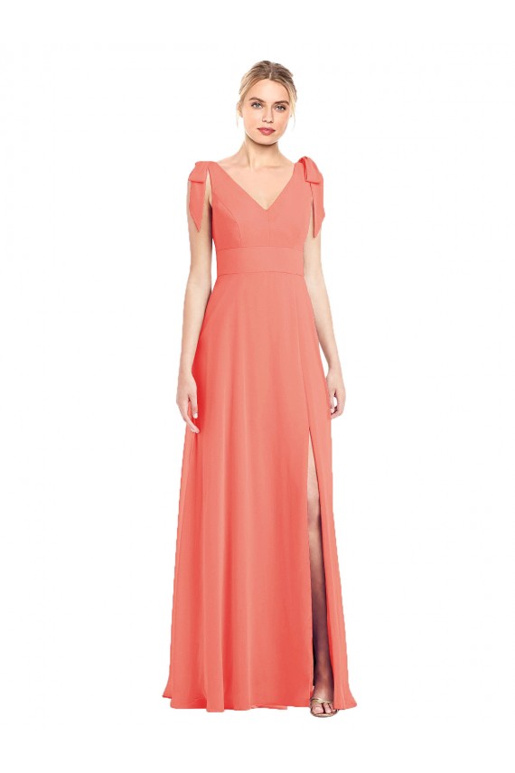 Corail Trompette Col V Mousseline Longue Robes demoiselle d'honneur Prix Réduit