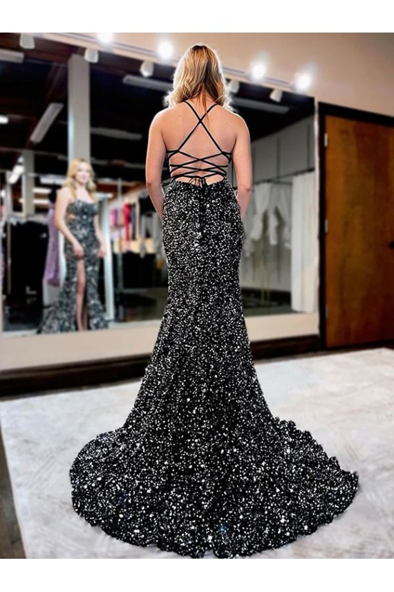 Couleur affichée Fourreau Bretelles spaghetti Balayage train Paillettes Velours Longue Robes de bal Prix Réduit