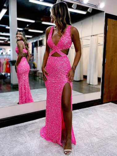 Couleur affichée Fourreau Col V Balayage train Paillettes Velours Longue Robes de bal Prix Réduit