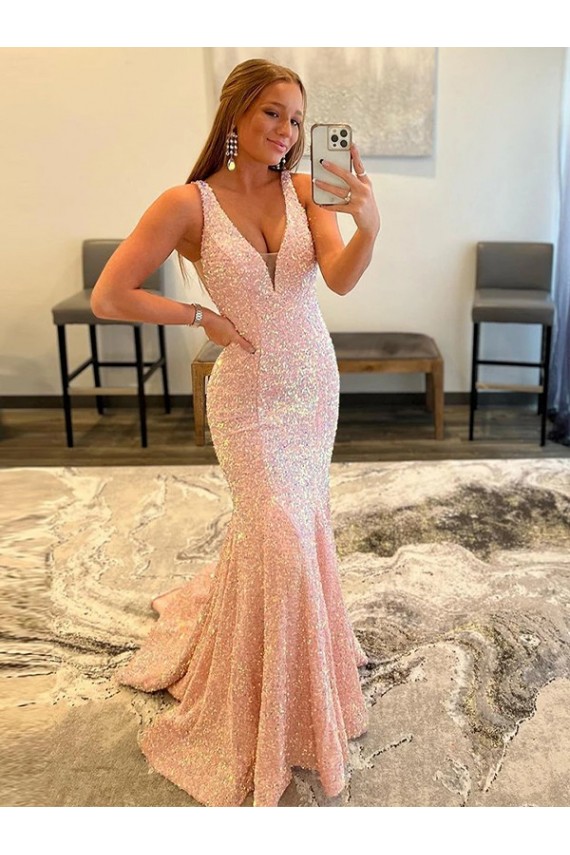 Couleur affichée Fourreau Col V Balayage train Paillettes Velours Longue Robes de bal Prix Réduit