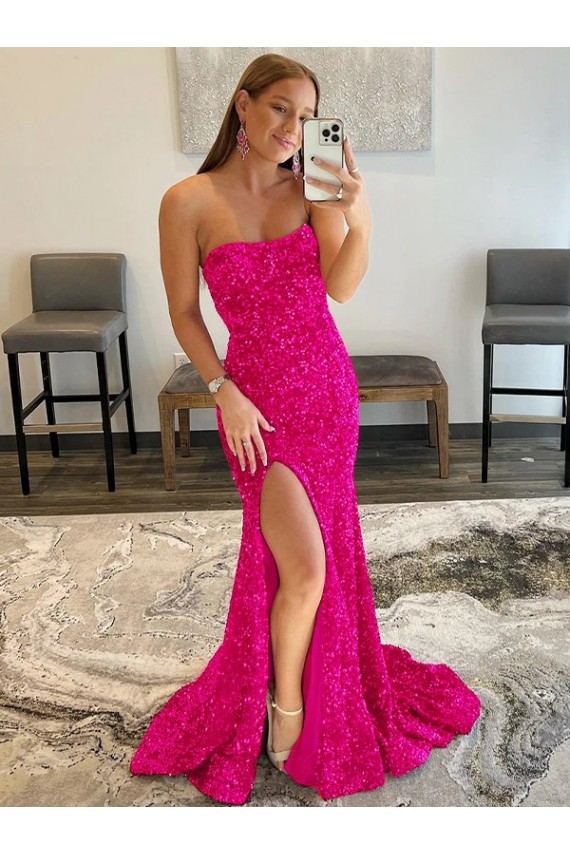 Fourreau Sans bretelle Balayage train Paillettes Velours Longue Robes de bal Prix Réduit