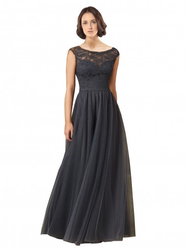 Gris ardoise Trapèze Bateau Tulle Dentelle Longue Robes demoiselle d'honneur Prix Réduit