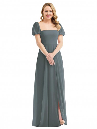 Gris ardoise Trapèze Col Carré Mousseline Longue Robes demoiselle d'honneur Prix Réduit