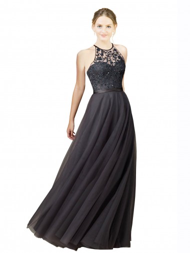Gris ardoise Trapèze Tulle Dentelle Longue Robes demoiselle d'honneur Prix Réduit
