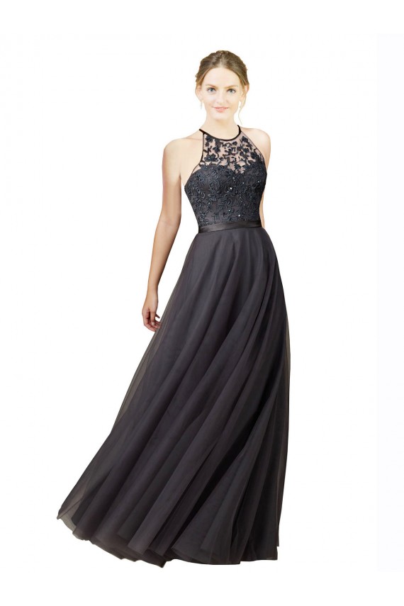 Gris ardoise Trapèze Tulle Dentelle Longue Robes demoiselle d'honneur Prix Réduit