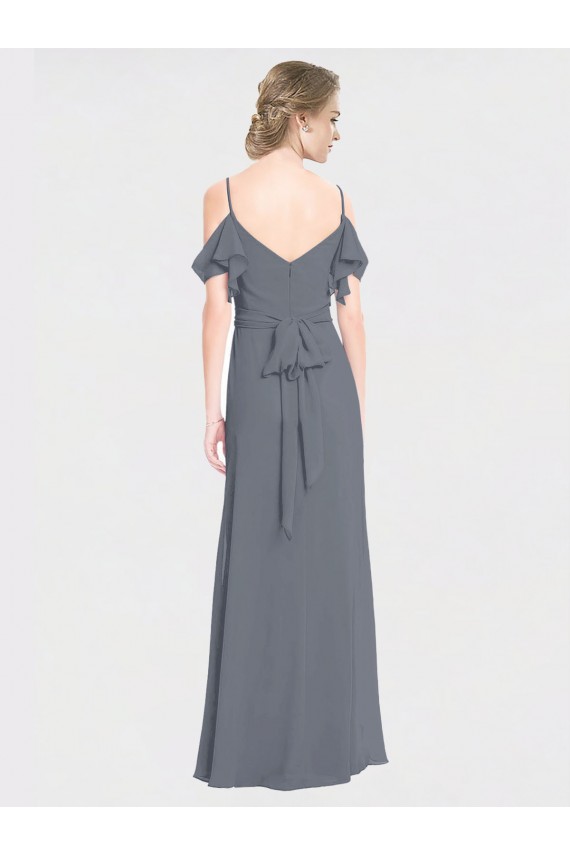 Gris ardoise Trapèze Épaule Dénudée Col V Mousseline Longue Robes demoiselle d'honneur Prix Réduit