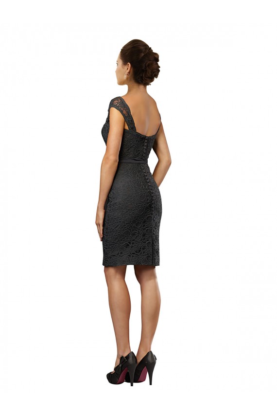 Gris ardoise Trapèze Épaule Dénudée Mousseline Dentelle Courte Robes demoiselle d'honneur / Robes de cocktail Prix Réduit