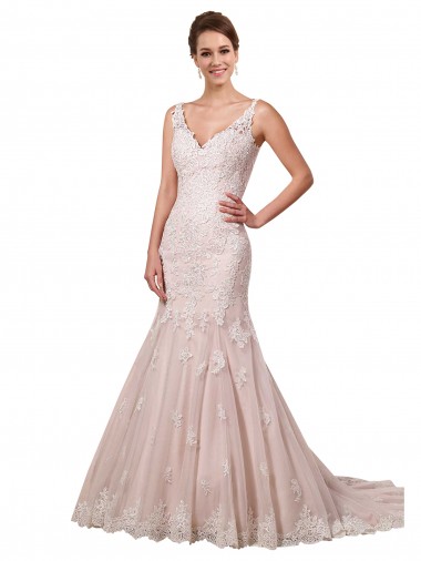 Ivoire & Blush Sirène Col V Tulle Dentelle Robes de mariée Prix Réduit