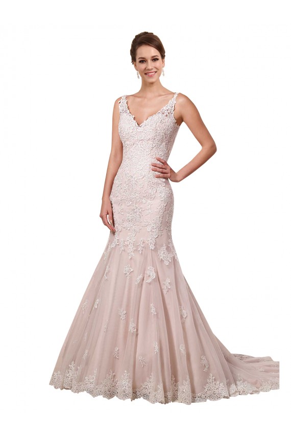 Ivoire & Blush Sirène Col V Tulle Dentelle Robes de mariée Prix Réduit