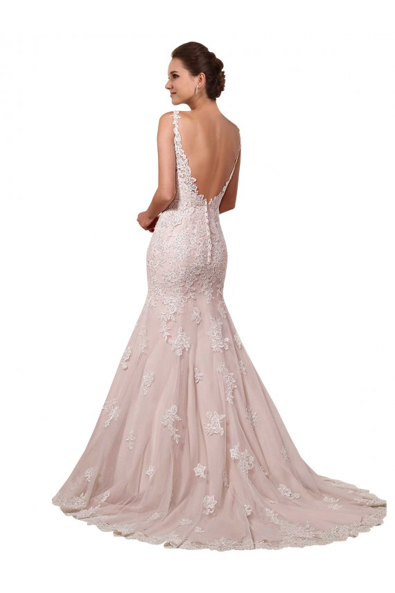 Ivoire & Blush Sirène Col V Tulle Dentelle Robes de mariée Prix Réduit