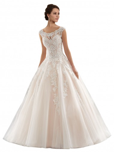 Ivoire & Champagne Princesse Bateau Tulle Dentelle Robes de mariée Prix Réduit