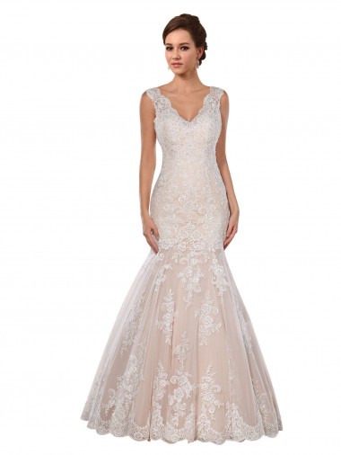 Ivoire & Champagne Sirène Col V Dentelle Classique Robes de mariée Prix Réduit