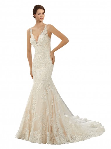 Ivoire & Champagne Sirène Col V Dentelle Robes de mariée Prix Réduit