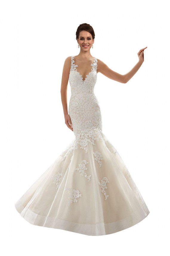 Ivoire & Champagne Sirène Col V Tulle Dentelle Classique Robes de mariée Prix Réduit