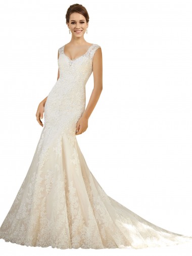 Ivoire & Champagne Sirène Col V Tulle Dentelle Robes de mariée Prix Réduit