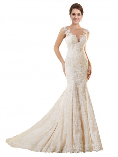 Ivoire & Champagne Sirène Illusion Dentelle Robes de mariée Prix Réduit