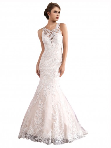 Ivoire & Champagne Sirène Illusion Traîne cathédrale Tulle Dentelle Robes de mariée Prix Réduit