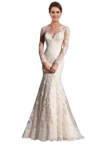 Ivoire & Champagne Sirène Illusion Tulle Dentelle Robes de mariée Prix Réduit