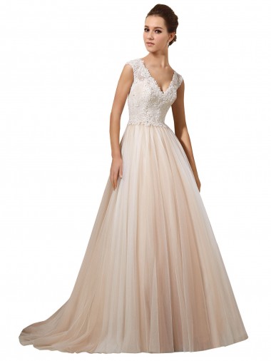 Ivoire & Champagne Trapèze Col V Tulle Dentelle Robes de mariée Prix Réduit