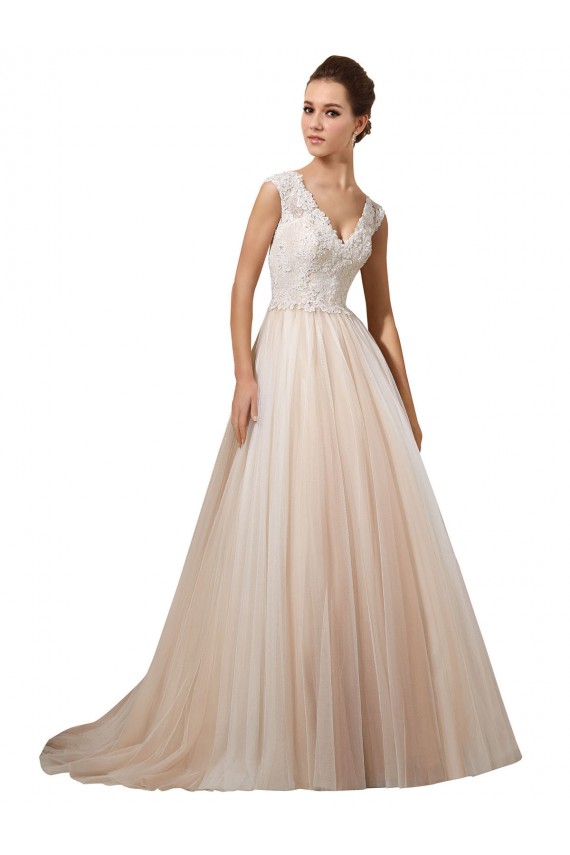 Ivoire & Champagne Trapèze Col V Tulle Dentelle Robes de mariée Prix Réduit