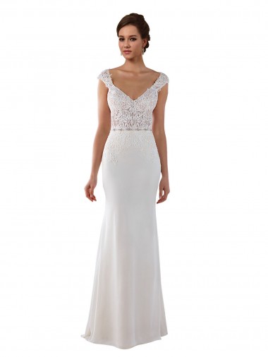 Ivoire Fourreau Col V Dentelle Crêpe Stretch Robes de mariée Prix Réduit