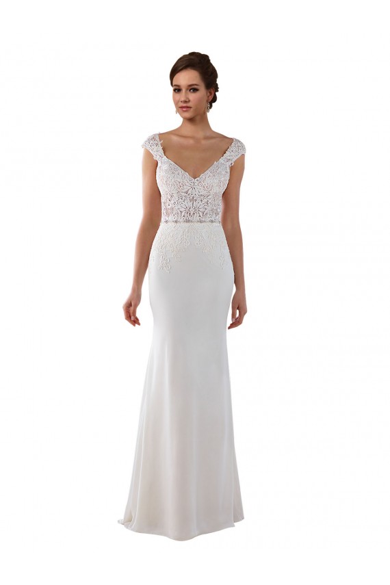 Ivoire Fourreau Col V Dentelle Crêpe Stretch Robes de mariée Prix Réduit