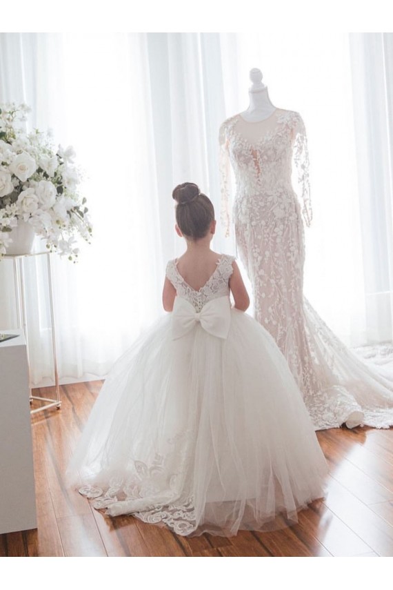 Ivoire Princesse Bateau Tulle Dentelle Longue Robes de demoiselle d'honneur - fillette Prix Réduit