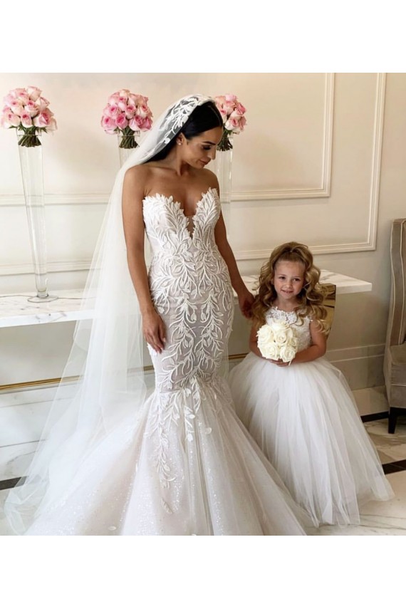 Ivoire Princesse Bateau Tulle Dentelle Longue Robes de demoiselle d'honneur - fillette Prix Réduit
