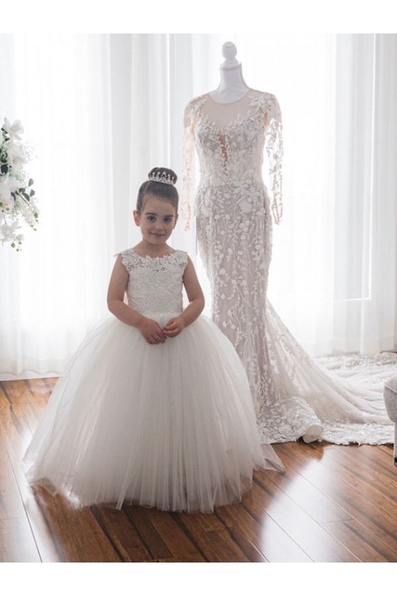 Ivoire Princesse Bateau Tulle Dentelle Longue Robes de demoiselle d'honneur - fillette Prix Réduit