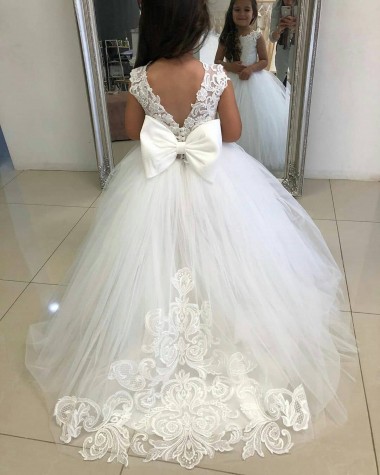 Ivoire Princesse Bateau Tulle Dentelle Longue Robes de demoiselle d'honneur - fillette Prix Réduit