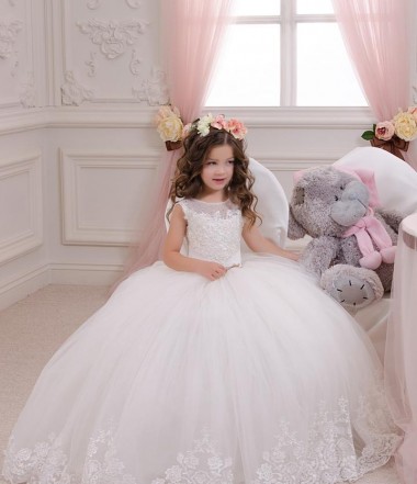 Ivoire Princesse Bateau Tulle Dentelle Longue Robes de demoiselle d'honneur - fillette Prix Réduit