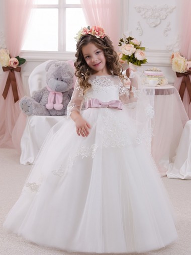Ivoire Princesse Bateau Tulle Dentelle Longue Robes de demoiselle d'honneur - fillette Prix Réduit