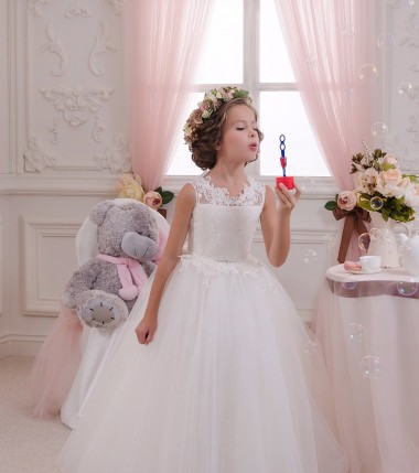 Ivoire Princesse Col Haut Tulle Dentelle Longue Robes de demoiselle d'honneur - fillette Prix Réduit