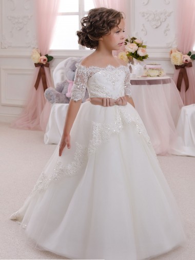Ivoire Princesse Col Haut Tulle Dentelle Longue Robes de demoiselle d'honneur - fillette Prix Réduit