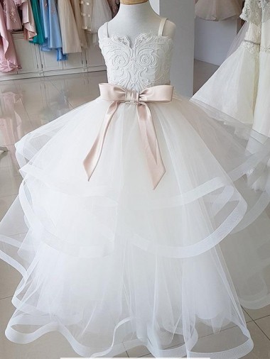 Ivoire Princesse Col Haut Tulle Dentelle Longue Robes de demoiselle d'honneur - fillette Prix Réduit