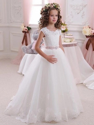 Ivoire Princesse Col Haut Tulle Dentelle Longue Robes de demoiselle d'honneur - fillette Prix Réduit