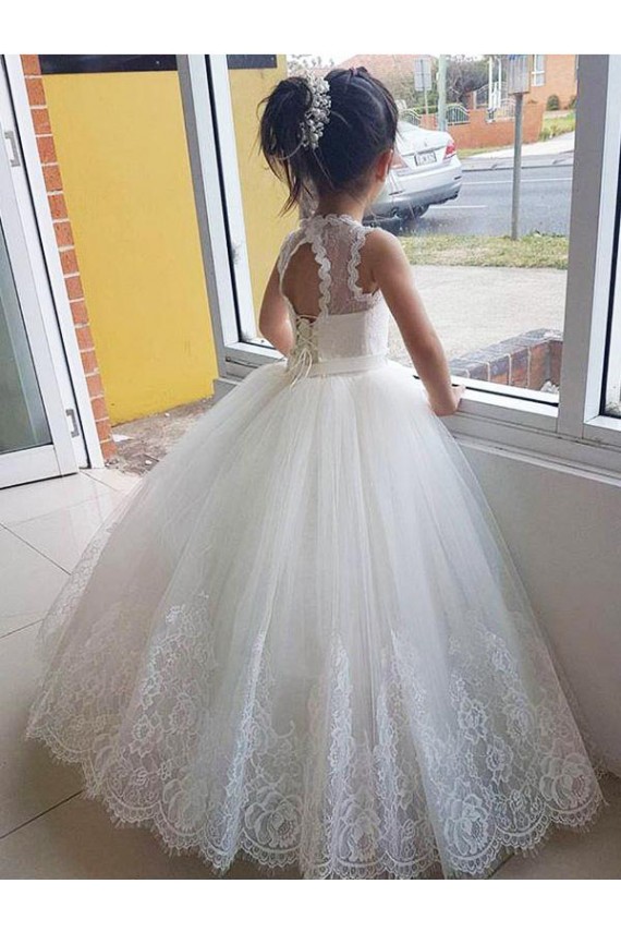 Ivoire Princesse Col Haut Tulle Dentelle Longue Robes de demoiselle d'honneur - fillette Prix Réduit