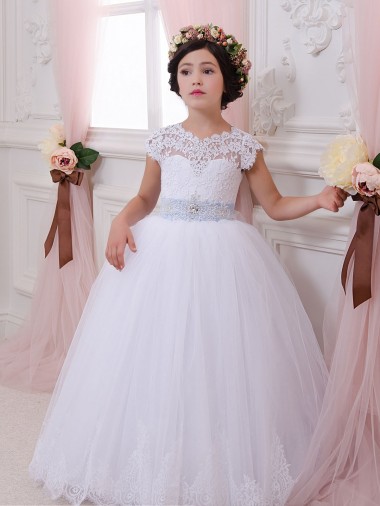 Ivoire Princesse Tulle Dentelle Longue Robes de demoiselle d'honneur - fillette Prix Réduit