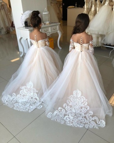 Ivoire Princesse Tulle Dentelle Longue Robes de demoiselle d'honneur - fillette Prix Réduit
