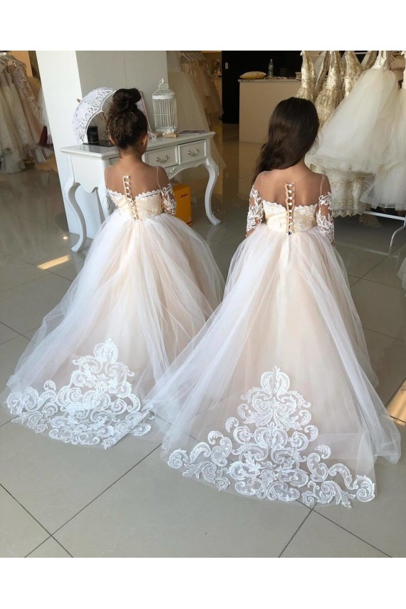 Ivoire Princesse Tulle Dentelle Longue Robes de demoiselle d'honneur - fillette Prix Réduit