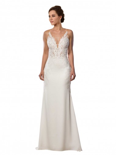 Ivoire Sirène Col V Dentelle Crêpe Stretch Robes de mariée Prix Réduit