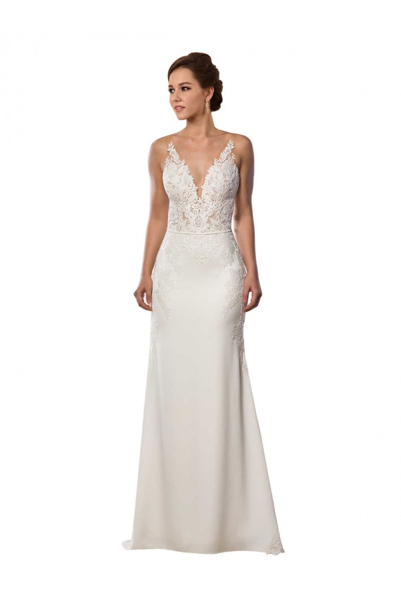 Ivoire Sirène Col V Dentelle Crêpe Stretch Robes de mariée Prix Réduit