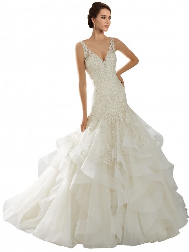 Ivoire Sirène Col V Tulle Robes de mariée Prix Réduit